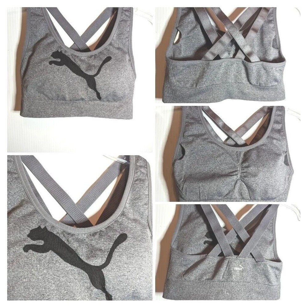 Puma Womens Small Drycell Support Big Cat Logo Cross Back Seamless Sports Bra